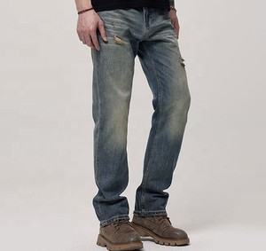 Men's Straight Leg Distressed Denim <b>Jeans</b> Mid Waist Cotton Ripped Casual Autumn Style Regular Fit Stonewashed Blue - Product Image 4