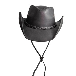 Chapeau de cowboy en cuir véritable noir de qualité supérieure, à large bord, style western ranch outback, avec sangle sous le menton, personnalisable OEM - Product Image 1