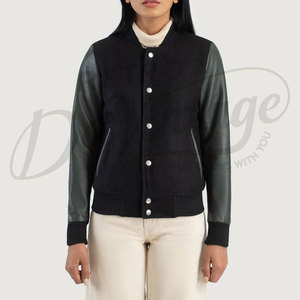 Women Black Wool and Real <b>Leather</b> Varsity <b>Jacket</b> Slim Fit Letterman Bomber Coat Premium <b>Leather</b> Sleeves Winter Outerwear - Product Image 3