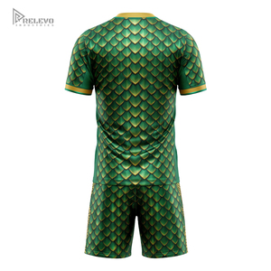 Ensemble d'uniformes de football personnalisés par sublimation, motif écailles de dragon, maillot et short de football pour hommes, vert et or, kit de match pour équipe asiatique, polyester/coton - Product Image 3