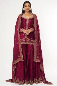 Salwar Kameez en soie brodée et gaufrée bordeaux, manches longues, longueur standard, robe de mariage traditionnelle pour femmes, style Inde Pakistan - Product Image 2
