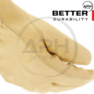 Premium Tan Leather Work Driver Gloves Black Trim Cuff Pull <b>Tab</b> Reinforced Thumb Utility Industrial Driving Mechanics Hand Wear - Product Image 5