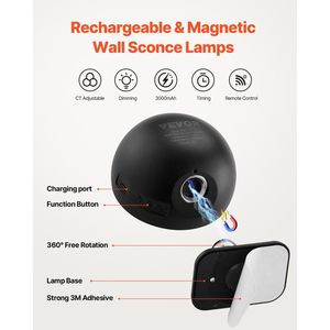 2 Applique LED Ricaricabili a Batteria con Telecomando, Rotazione a 360 Gradi, Dimmerabili, Lampade da Parete con Cavo - Product Image 2