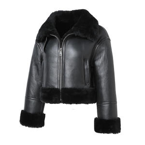 Chaqueta de Cuero Genuino para Mujer, Estilo Racer, Color Sólido, Cierre de Cremallera, Forro de Sherpa, Ropa de Abrigo para Otoño e Invierno, Largo Regular, Manga Larga - Product Image 1