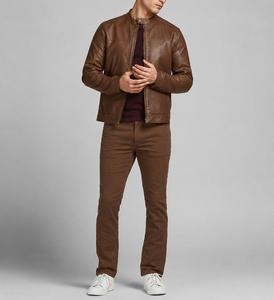 Unisex Genuine <b>Leather</b> Waterproof Moto <b>Jacket</b> Front Logo Stand Collar Zipper Closure Solid Color Autumn Style Slim Fit <b>Brown</b> - Product Image 1
