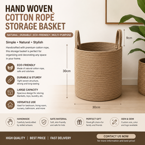 Natural Cotton <b>Rope</b> <b>Storage</b> <b>Basket</b> Handmade Woven Organizer Bin for Laundry Toys Blankets Home Decor - Product Image 1