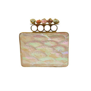 Pochette de soirée ovale de luxe en nacre avec anse en pierres précieuses, cadre en laiton fait main, pour femme - Product Image 1