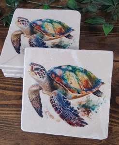 Posavasos rústicos de mármol con diseño de tortuga marina, decoración náutica costera para el hogar, juego de 4 - Product Image 1