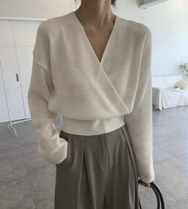 Pull en tricot jacquard à col en V pour femme, manches longues, légèrement extensible, décontracté, doux, minimaliste, haut d'automne - Product Image 6