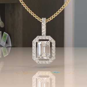 Octagon Cut Moissanite 14K <b>Gold</b> Certified 1CT Halo Geometric Luxury <b>Pendant</b> Necklace - Product Image 5