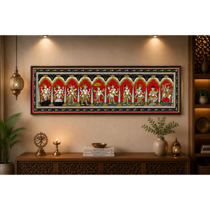 Peinture murale rectangulaire artisanale traditionnelle SriKrishna Dashavatara - Origine Orissa - Décoration suspendue pour salon intérieur - Product Image 5