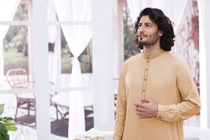 Men's Beige Cotton Kurta Long Sleeve Solid Color Regular Fit Casual Daily Wear <b>Ankle</b> Length Shirt Collar India Pakistan Style - Product Image 3