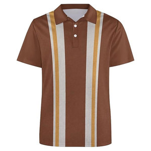 Polo à manches courtes rayé pour homme, décontracté, tissé, motif noir, marron, blanc, coupe classique, col boutonné - Product Image 5