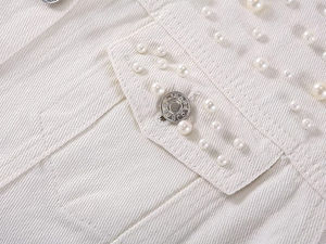 Veste en jean blanche brodée de perles pour femme, veste décontractée, veste en jean courte et élégante pour femme - Product Image 3