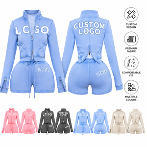 Ensemble de survêtement personnalisé de qualité supérieure pour femme, avec logo brodé et imprimé, comprenant un sweat à capuche court zippé et un pantalon, style streetwear délavé à l'acide, en toile. - Product Image 2