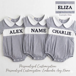 Combinaison personnalisée pour bébé garçon avec <span class=keywords><strong>nom</strong></span> et motif frère, salopette à carreaux avec col Peter Pan pour nouveau-né et nourrisson - Product Image 3