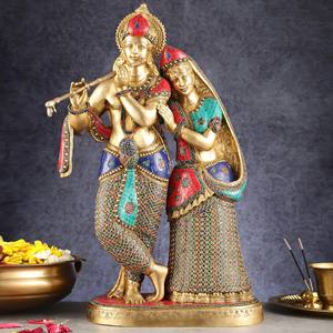 Statue artisanale en métal religieuse de Radha et Krishna - Décoration élégante pour la maison avec une posture divine - Product Image 2