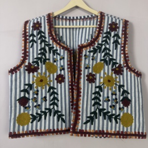 Hand Embroidered Floral Vest: Striped Boho Suzani Waistcoat, festival <b>Hippie</b>, Folk Art <b>Jacket</b>, Handmade - Product Image 1