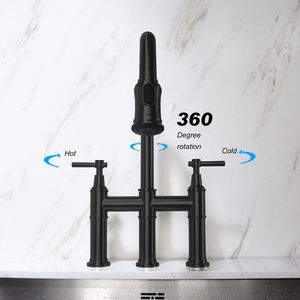 Rubinetto da cucina estraibile a doppia maniglia in acciaio inossidabile lucidato, miscelatore lavello in ottone con installazione a 3 fori per uso domestico, funzione acqua fredda - Product Image 1