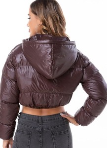 Women's Cropped <b>Quilted</b> Puffer <b>Jacket</b> With Hood Full Sleeve Winter Warm Coat Solid Color Zipper Closure - Product Image 2