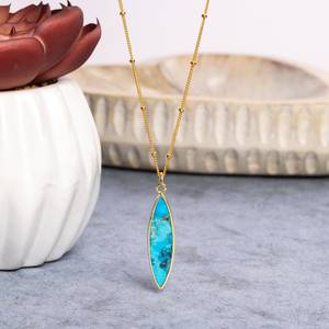 Élégant pendentif marquise turquoise avec monture en argent plaqué or et chaîne satellite, bijoux de fiançailles vintage pour hommes et femmes - Product Image 5