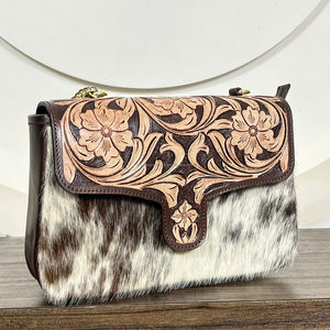 Bolso Bandolera de Cuero Genuino de Piel de Vacuno con Pelo y Diseño Floral Estilo Western para Mujer, Venta al por Mayor Directa de Fábrica - Product Image 4