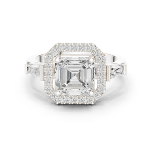 Anillo de oro blanco macizo de 14k con certificado GRA, con diamantes cultivados en laboratorio de corte Asscher y Baguette, anillo de compromiso y boda con halo para mujer - Product Image 1