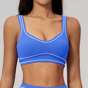 Women's Scoop Neck Sports <b>Bra</b> Solid Navy <b>Blue</b> Double Layer Strap Breathable Medium Support Yoga Seamless Spandex Polyester - Product Image 4