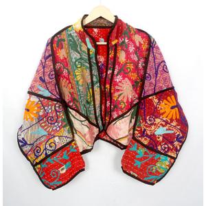 100% Cotton <b>Kantha</b> Reversible <b>Jacket</b> Coat Handmade Floral Printed Open <b>Jacket</b> Hand Quilted Detail Non Woven Knitted Process - Product Image 4