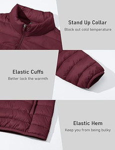 <b>Men's</b> Maroon Lightweight <b>Canvas</b> Puffer <b>Jacket</b> Stand Collar Zipper Closure Windproof Casual Winter Wear Solid Color Slim Front - Product Image 6