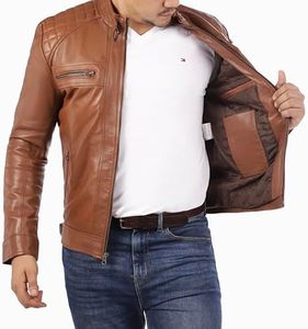 <b>Men</b> <b>Brown</b> Genuine <b>Leather</b> <b>Jacket</b> Moto Biker Style Stand Collar Zipper Closure Regular Fit Autumn Wear - Product Image 2