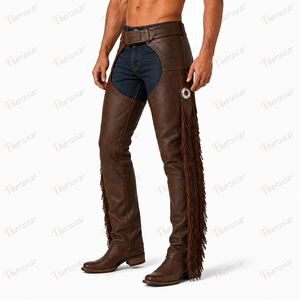 Chaps western pour hommes en cuir véritable, taille haute, coupe décontractée, personnalisables avec franges et fermeture à boucle, pour la compétition et l'entraînement équestre - Product Image 3