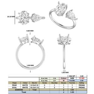 Anillo de Compromiso de Dos Piedras con Diamantes Cultivados en Laboratorio, Claridad VVS2, Corte Pera y Ovalado, Oro Blanco de 14K, Engaste de Garras, Bañado en Rodio, Joyería para Regalo o Fiesta - Product Image 1