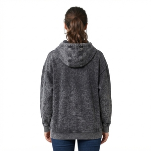 <b>Women's</b> <b>Black</b> Acid Wash Zip Up Hoodie <b>Fleece</b> Sweatshirt Oversized Fit Kangaroo Pockets Custom Logo - Product Image 2