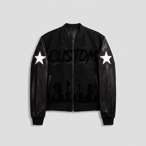 Chaqueta Varsity Extra Grande Personalizada OEM con Parches de Estrellas, Mangas de Cuero y Gráficos Urbanos, Proveedor Directo de Fábrica - Product Image 3