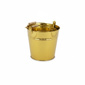 Seau en métal galvanisé au design moderne avec poignée en bois, style rustique, jardinière décorative pour plantes d'intérieur, usage domestique et jardin. - Product Image 1