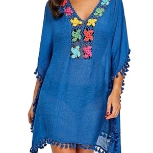 Robe kaftan en lin pour femme, brodée, col en V, manches bouffantes ouvertes, longueur genou, style plage décontracté, nouvelle arrivée été - Product Image 1