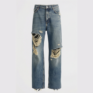 Jean en denim déchiré coupe slim taille mi-haute pour homme – Pantalon décontracté en coton à séchage rapide – Printemps, été, automne, hiver - Product Image 1
