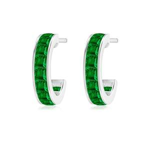 Emerald Hoop <b>Earrings</b> 14kt White Gold Channel Set Baguette Emerald Minimalist Luxury <b>Fine</b> Jewelry for Women - Product Image 1