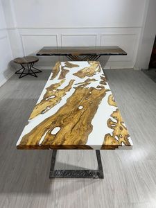 Table à manger rectangulaire moderne en bois massif et résine époxy, faite à la main, finition époxy durable, pour usage scolaire et en supermarché - Product Image 6