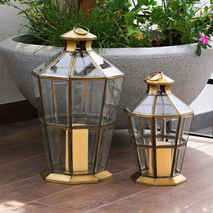 Hexagon Metal Glass <b>Lantern</b> <b>Candle</b> Holder Home Decoration Gold Finish - Product Image 1