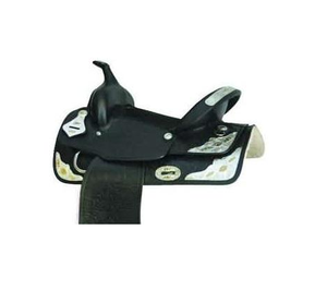 Silla de montar western sin arco de cuero negro con estampado floral de metal plateado y conchos florales grabados a mano, de 10 a 18 pulgadas - Product Image 2