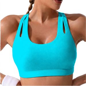 Sujetador deportivo amarillo para mujer con espalda cruzada, diseño con aberturas en el cuello, soporte medio, transpirable, para yoga, color liso - Product Image 3