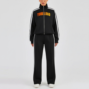 Vêtements décontractés d'hiver, couleur unie, bandes latérales, 100% coton, ensemble de survêtement zippé pour femmes, 2 pièces, dentelle brodée - Product Image 4
