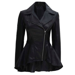 Veste Peplum Asymétrique en Cuir d'Agneau Véritable pour Femme, Coupe Slim, Style Motard avec Taille Évasée - Product Image 3