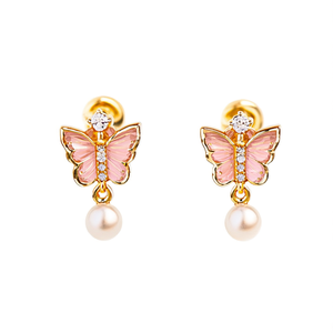 18K Gold Plated Cute Number Butterfly Stud Earrings with Zircon and Pearl - Product Image 2