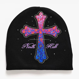 Luxury Handmade Rhinestone Cross Knit 100% <b>Wool</b> <b>Beanie</b> for Unisex Warm Winter Designer Fashion Streetwear <b>Hat</b> - Product Image 1