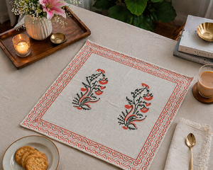 Boho Orange Carry Hand Block Print <b>Table</b> Mat Set White Cotton Placemats Export Quality Washable <b>Dining</b> Decor Masterpiece Set - Product Image 3