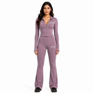 Conjunto de yoga para mujer: leggings acampanados de tiro alto, chaqueta corta con cremallera frontal, ropa deportiva ajustada para entrenamiento, ropa deportiva OEM para mujer - Product Image 1