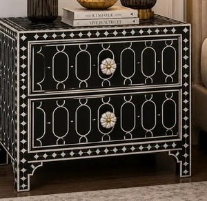 Table de chevet en os noir incrusté |   Table de chevet géométrique à 2 tiroirs |   Table de chevet de luxe par B H Brothers - Product Image 5